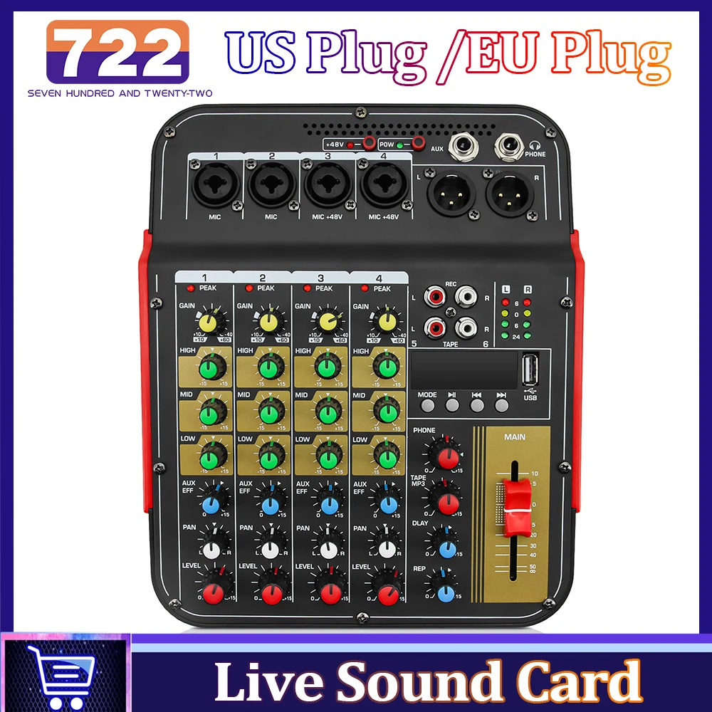 

6 Channel Sound Cards Streaming Podcast Equipment Voice Changer Karaoke Music Mixing Live Sound Cards 48V Phantom Power Support