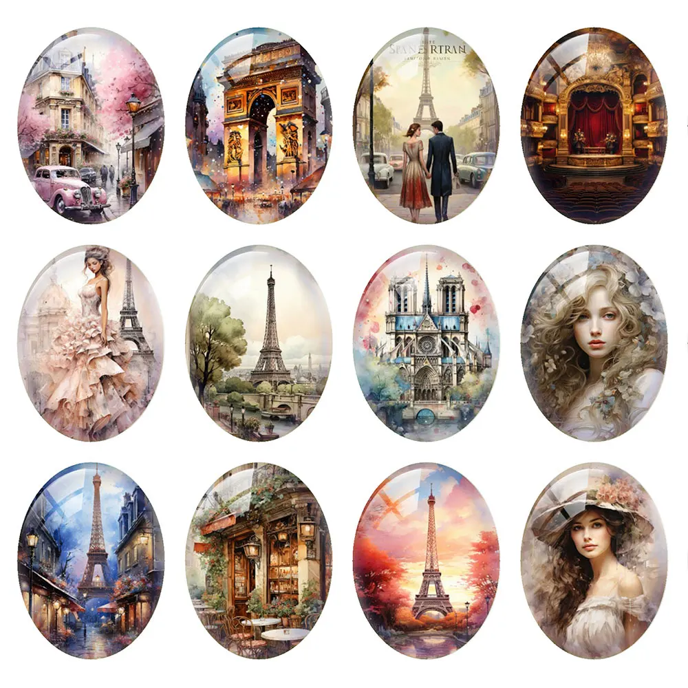 Random Mixed Round/Oval/Square Paris French Romantic Eiffel Tower Photo Glass Cabochon Flatback Demo Cameo Diy Jewelry Making