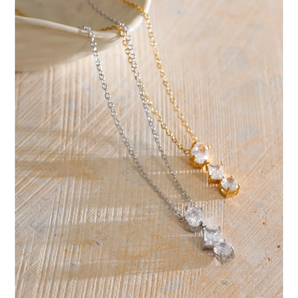 Yhpup Stainless Steel Cubic Zirconia Rectangle Drop Necklace High Quality Shiny Dainty Prom Jewelry Wholesale