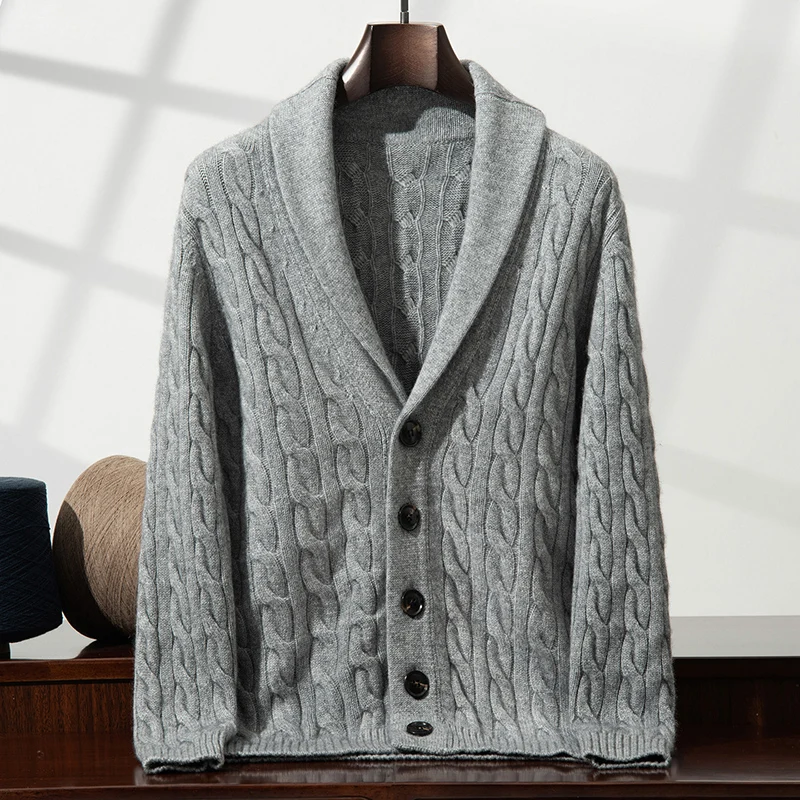 

Трехслойный утолщенный мужской кардиган из 100% кашемира с зеленым фруктовым воротником, модное пальто, повседневный витой свитер, вязаная рубашка