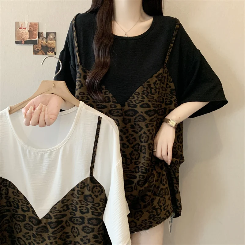 

Women short sleeve O-neck leopard t shirt basics Elegant Chic French Plus Size Clothing women clothing