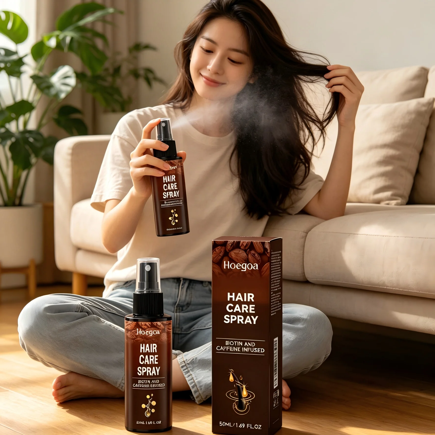 Hoegoa Hair Care Spray Strengthening Moisturizing Hair Loss Prevention Fast Absorbing Biotin and Caffeine Hair Growth Spray 50ml
