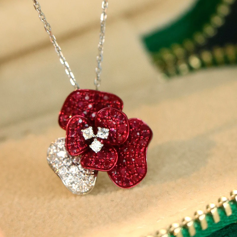 Aazuo غرامة مجوهرات 18K الذهب الأبيض الحقيقي الطبيعي روبي طقم مجوهرات فاخرة جميل زهرة قلادة هدية للنساء حفل زفاف