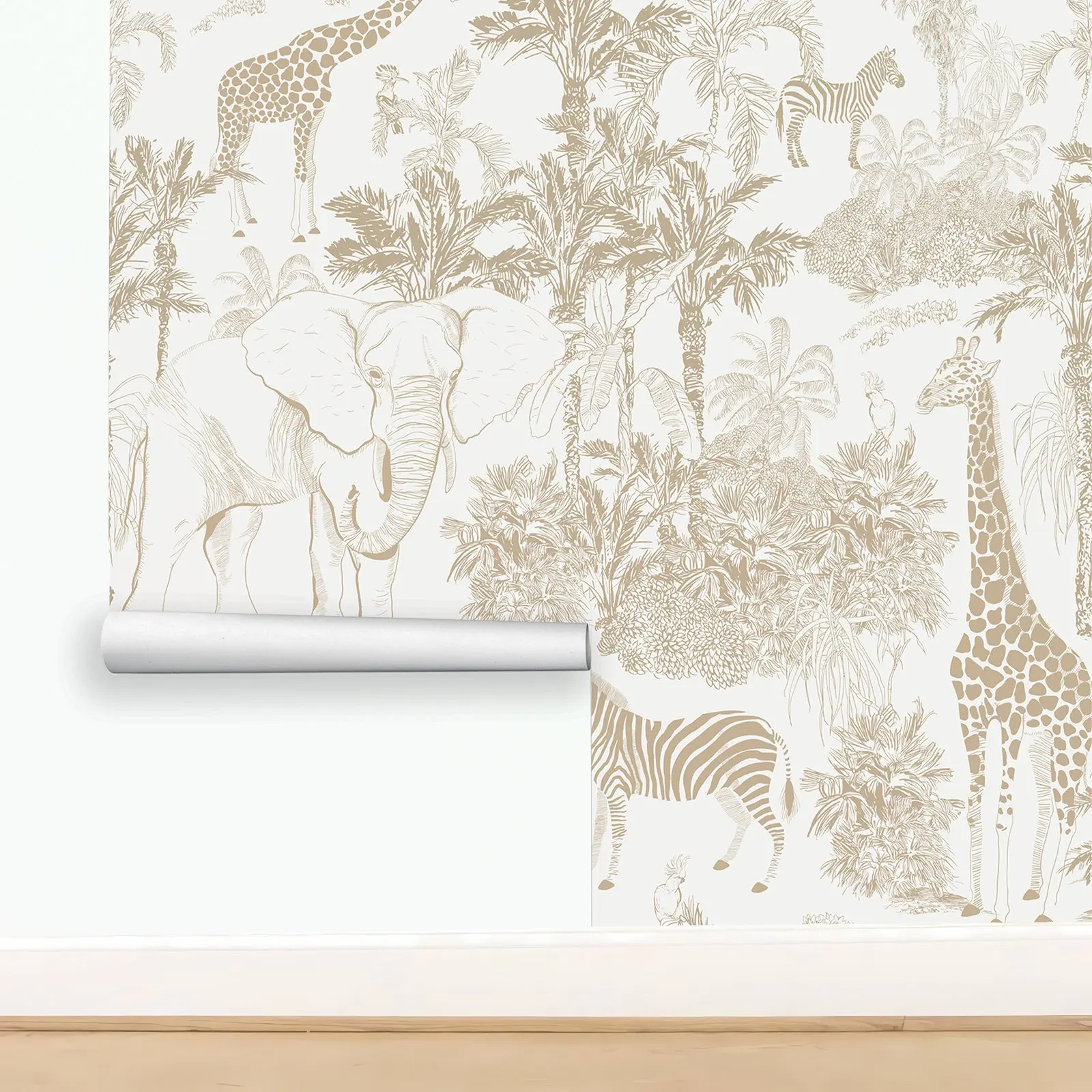 Vintage Safari Animals Peel and Stick Wallpaper,Beige Color Animal Wall Mural For Kid's Room Decor,Self-adhesive Or Traditional