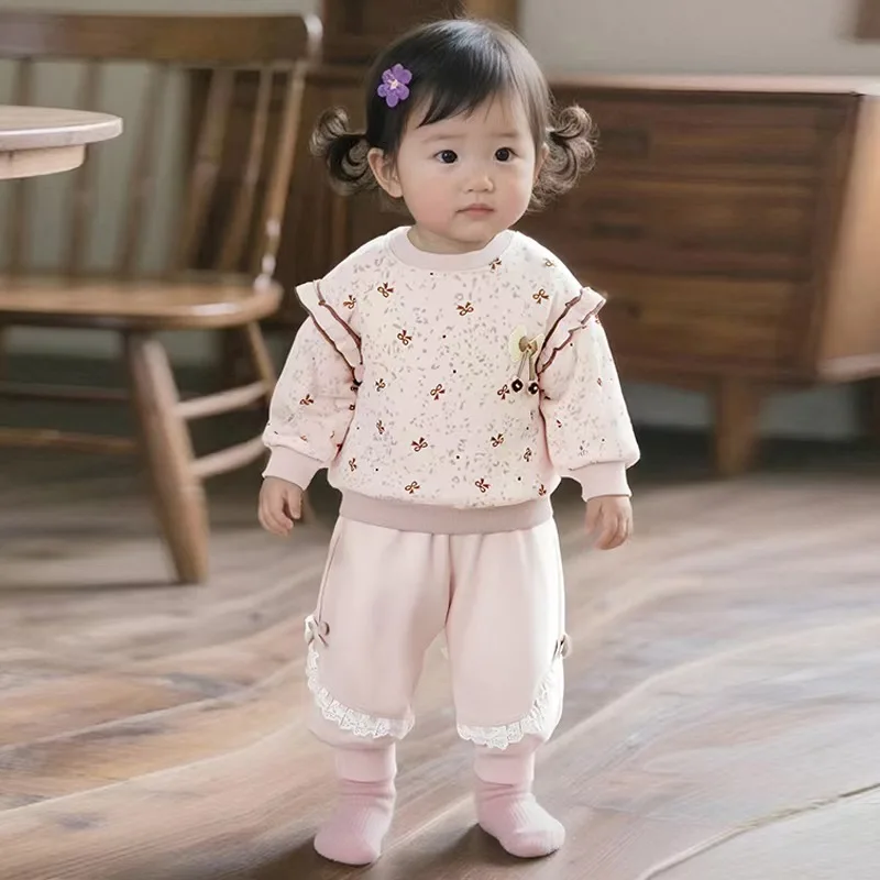 

Infant Baby Girls Clothes Set 2025 Autumn Butterfly Bow Toddler Girls Sweatshirt Korean Lace Trim Kids Newborn Girls Jogger Pant