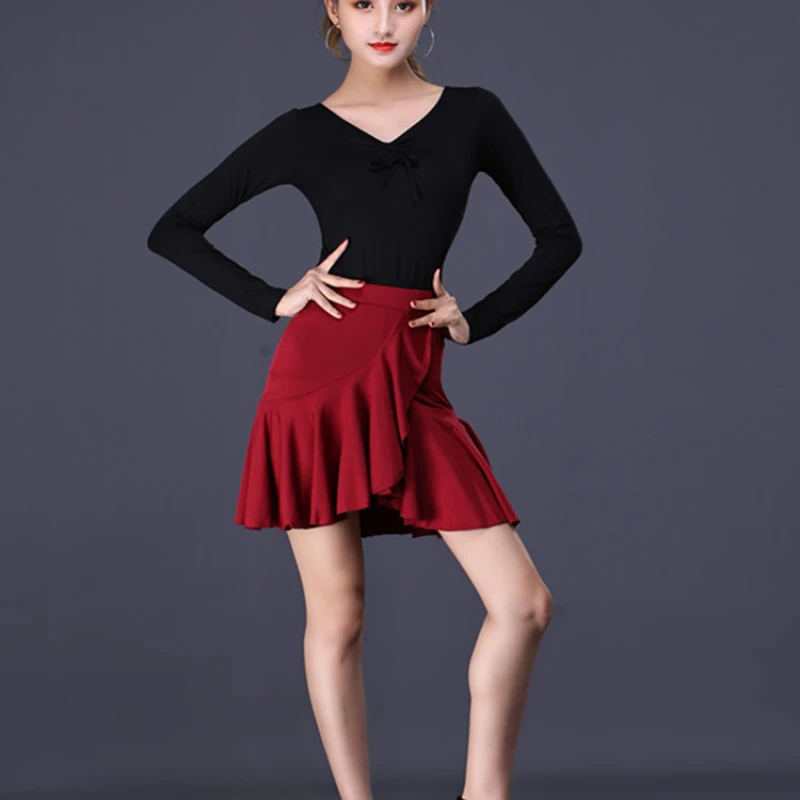 Dança latina saia feminina adulto sexy vestido curto novo desempenho de dança ondulado-borda saia treinamento de dança profissional vestido de dança