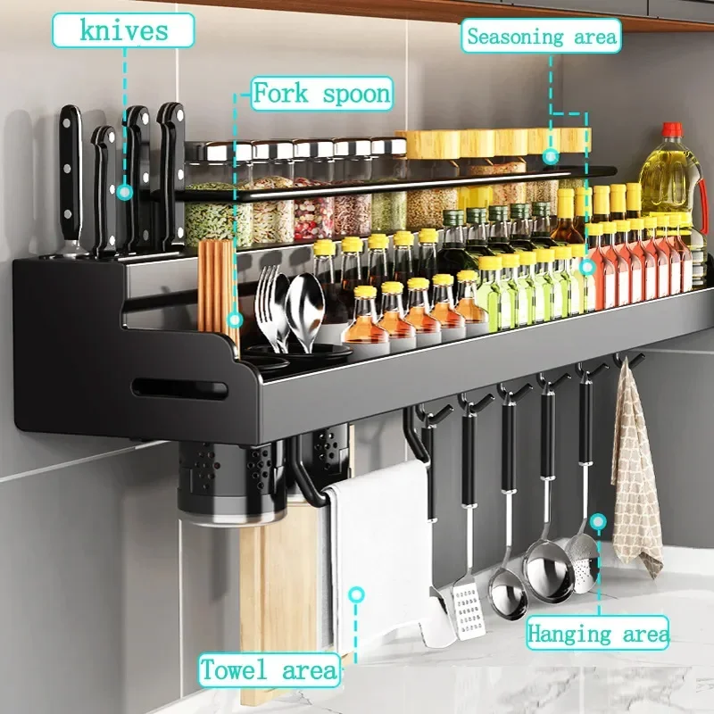 2 Layer Kitchen Shelves Wall-mounted Household Spices Supplies Rack Knife Holder Hanging Storage Organizer Kitchen Accessories