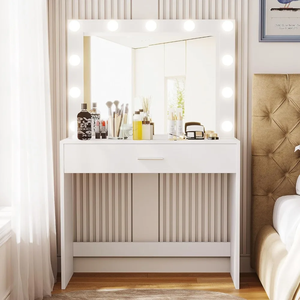 Make-up table with large illuminated mirror, make-up dresser with drawers, 11 LED bulbs and adjustable brightness