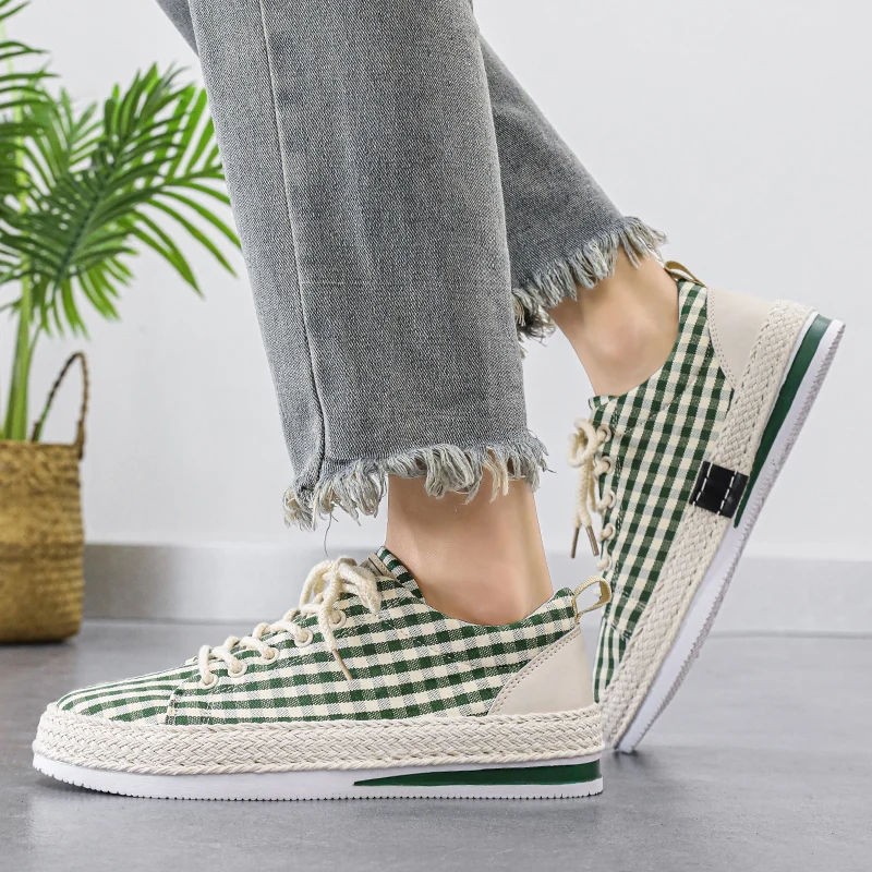 Hot Sale Gingham Men's Canvas Sneakers Fashion Casual Green Sneakers Men Trendy Lightweight Breathable Skateboard Shoes For Men