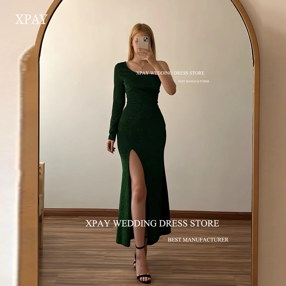 XPAY 2023 Glitter Green Shiny Evening Party Dresses Long Sleeve One Shoulder Ankle Length Arabic Women Prom Gowns Formal Event