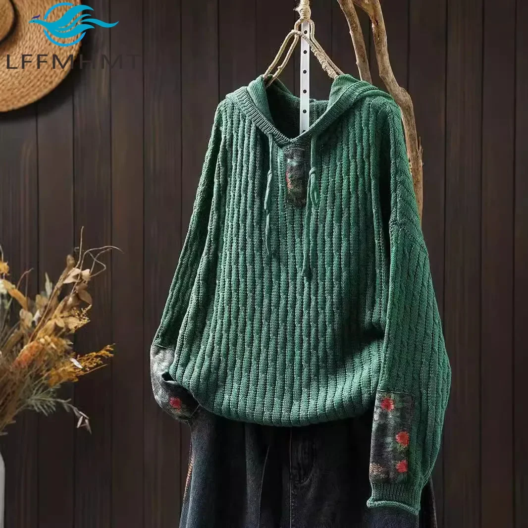 

Floral Prrint Patchwork Vintage Style Women's Knitted Sweatshirt Autumn Fashion Long Sleeve Loose Casual Hoodie Female Pullovers