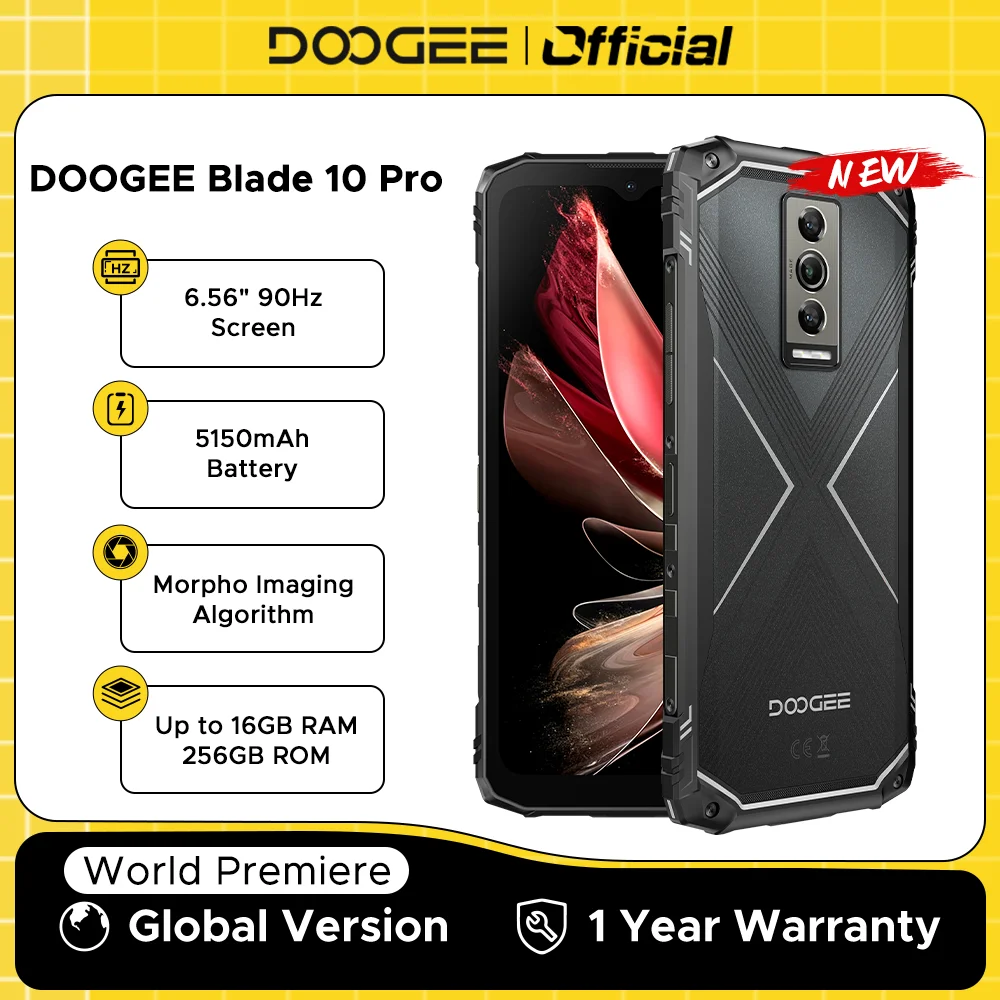 Estreia mundial doogee blade10 pro telefone robusto 6.56 "90hz tela ips 6gb + 256gb octa core 50mp ai câmera principal 5150mah android 14