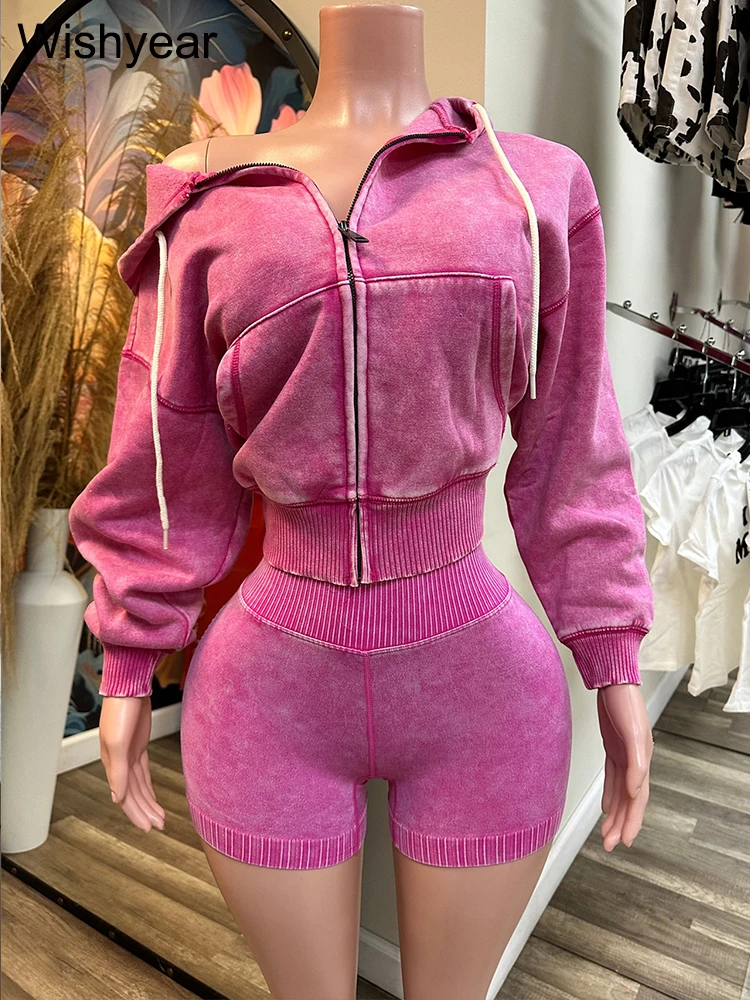 

Vintage Wash 2 Piece Pants Set for Women Velvet Sweatshirt Hoodie Crop Top and Leggings Shorts Suit Female Street Sports Outfits