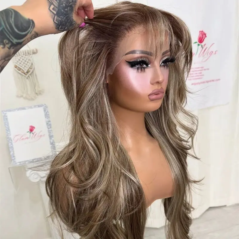 

Реалистичный вид, естественная линия волос, омбре, коричневый, блондин, синтетический парик спереди, с челкой, оригинальные заводские дешевые парики, бесклеевой парик