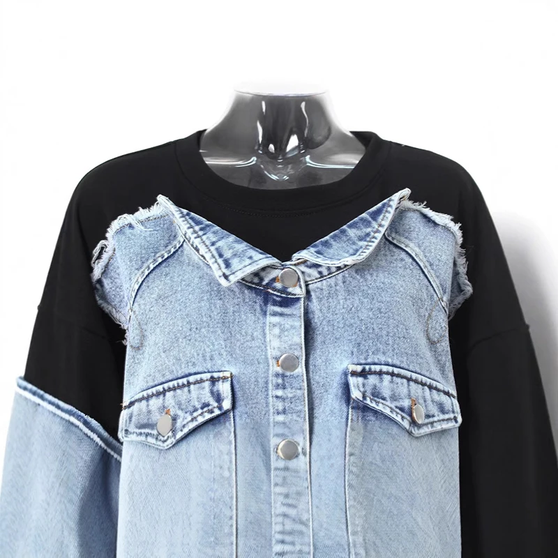 ZOCI موضة الدنيم المرقعة وهمية 2 قطعة البلوفرات المرأة الجولة الرقبة فضفاضة رمادي طويل الأكمام البلوز المد الجديد