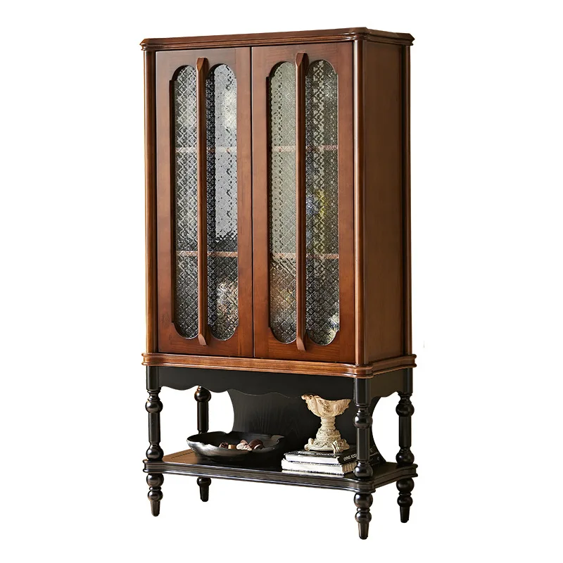 

solid wood side cabinet retro style living room home integrated storage begonia glass cabinet door display wine cabinet