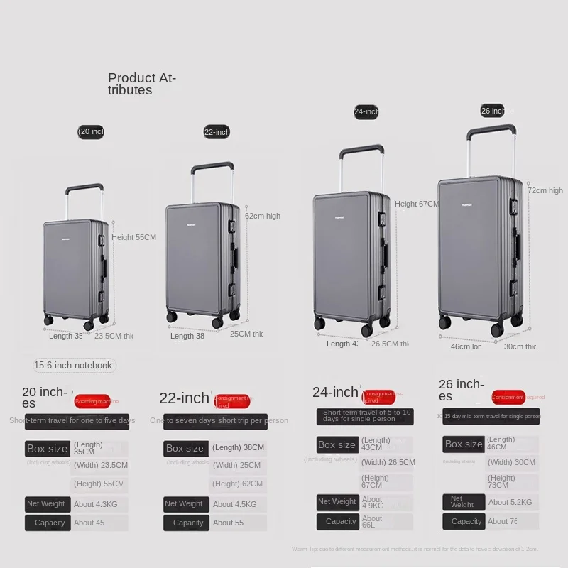 New Aluminum Frame Suitcase Wide Trolley  Unisex Large Capacity 22/24/26Inch Mute Universal Wheel 20Inch Password Boarding bags