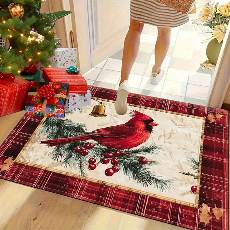 2D‑Printed Cardinal Bird Pine Branch Christmas Rug, Decor for Entryway, Living Room, Bedroom, Indoor‑Outdoor Parties