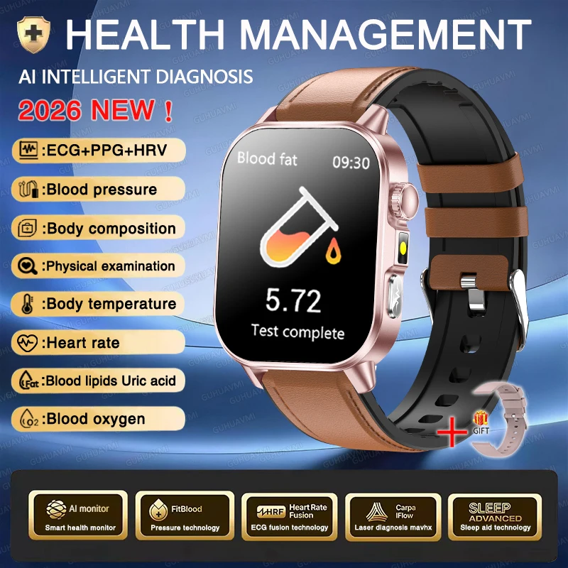 2026 Nieuwe Nauwkeurige Meting Gezondheid Smartwatch ECG+PPG Bloeddruk Bloedlipiden Urinezuur BT Oproep Smartwatch Voor Mannen Vrouwen
