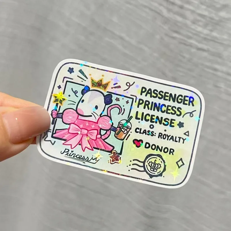 1PC Holographic Passenger Princess Sticker, Cute Pink Dress Crown Bubble Tea Wand Cartoon Waterproof Vinyl Decal