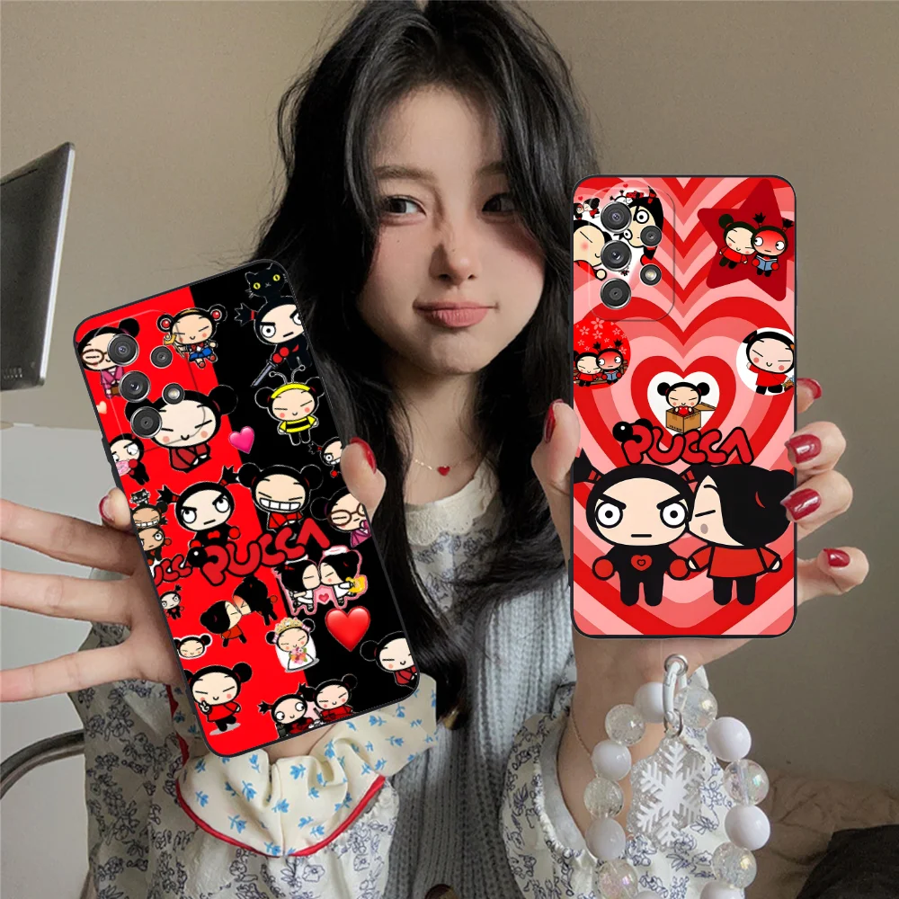 Cartoon P-Pucca Phone Case for Samsung Galaxy A73 72 71 70 55 54 53 52 35 34 32 23 14 13 5G Black Smartphone Cellphones Cover