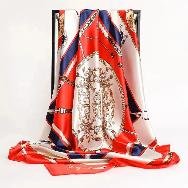 Pañuelos para el pelo, bufanda de seda de 90x90cm con estampado satinado, bufandas de seda cuadradas grandes, chales para mujer, diadema Hijab de diseñador de marca de lujo