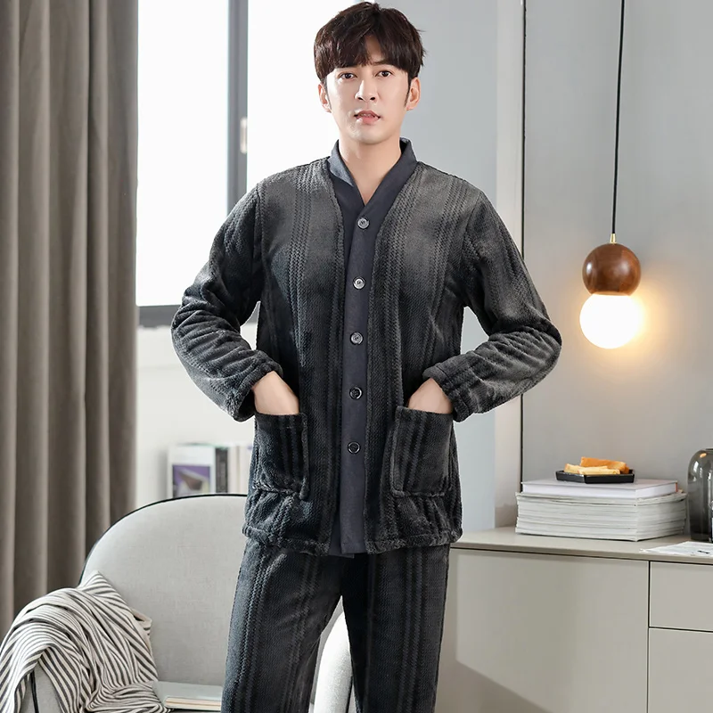 Men's Autumn And Winter Thick Flannel Pajamas Sets Long Sleeve Fashion Style Solid Warm V-Neck Sleepwear Big Yards 3XL Pijamas