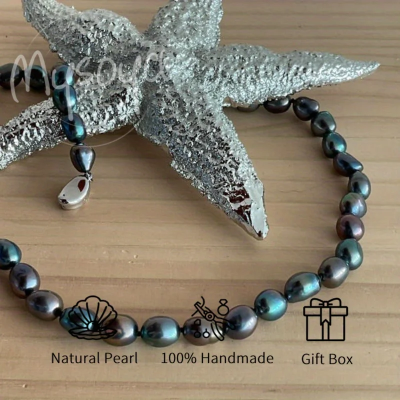 

MYSOYA Black Rice Freshwater Pearl Necklace 7-8mm Freshwater Pearl, with Gift Box, Birthday Gift, Wedding Jewelry, for Him/ Her