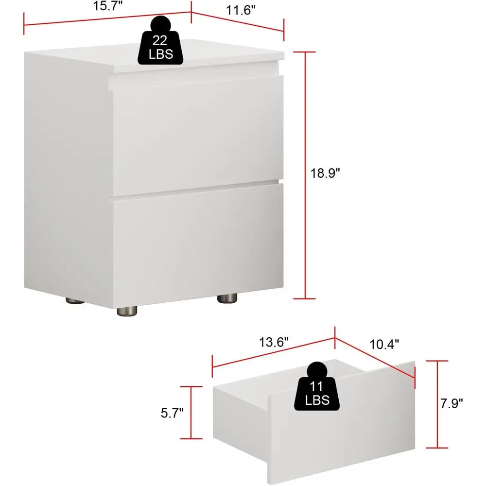 Modern White Wooden Nightstand with 2 Drawers, 15.7W x 18.9H, Handleless Bedside Storage