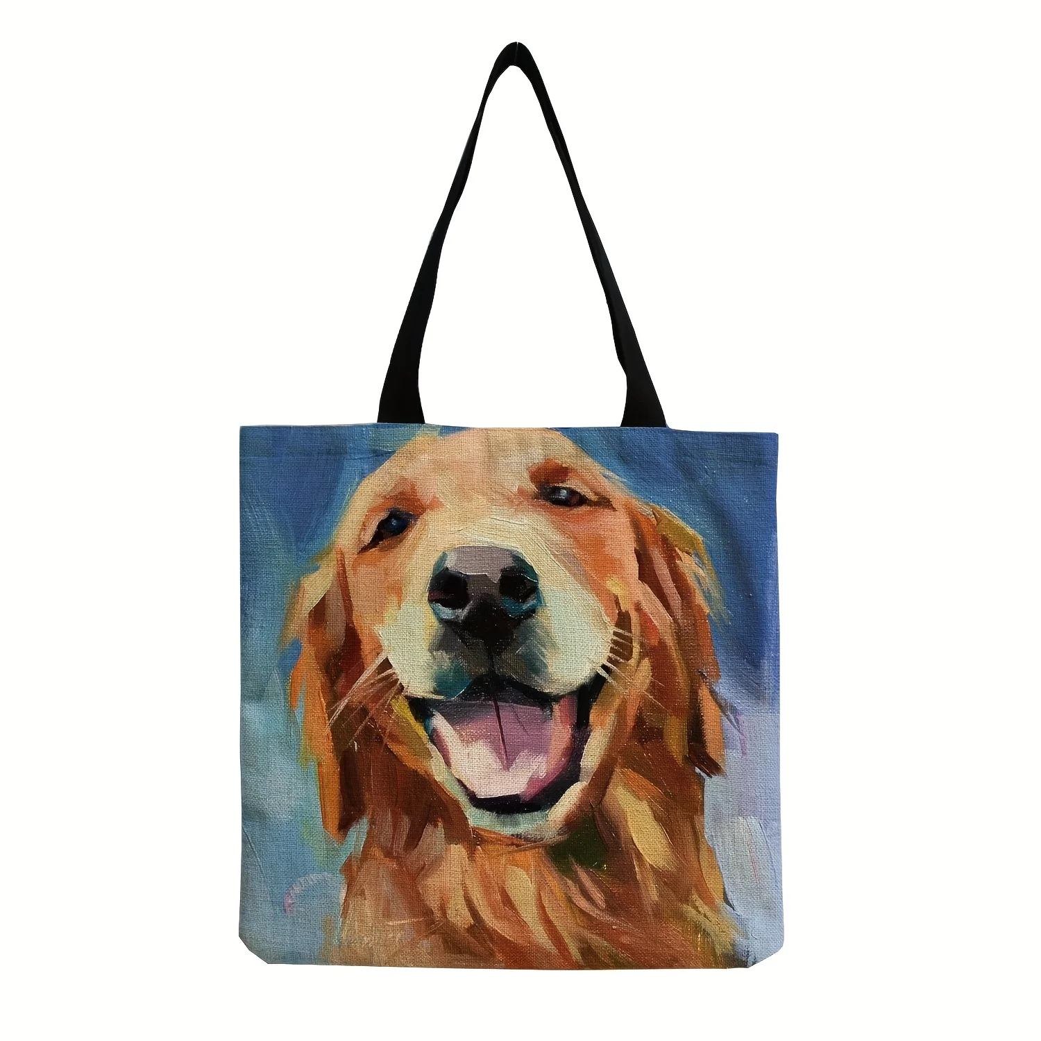 Fashionable Large Capacity Oil Painting Dog Graphic Linen Shoulder Tote Bag