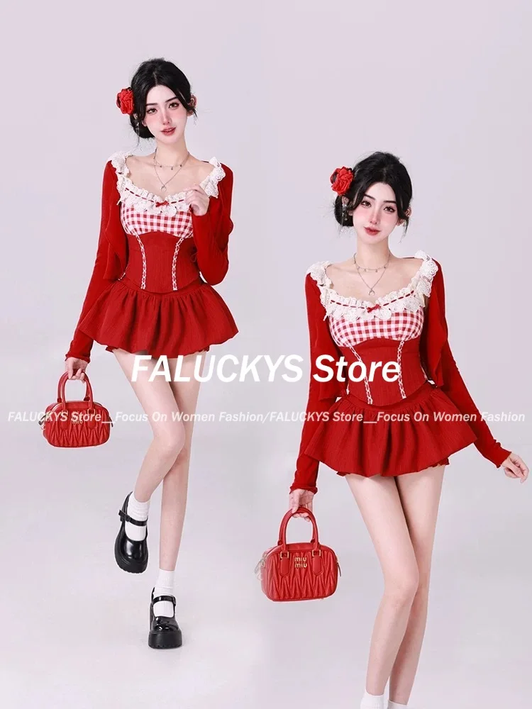 Summer Fashion Sweet 2 Piece Set Women Kawaii Square Neck Lace Plaid Patchwork Tops + Cute High Waist Mini Skirt Female Chothing