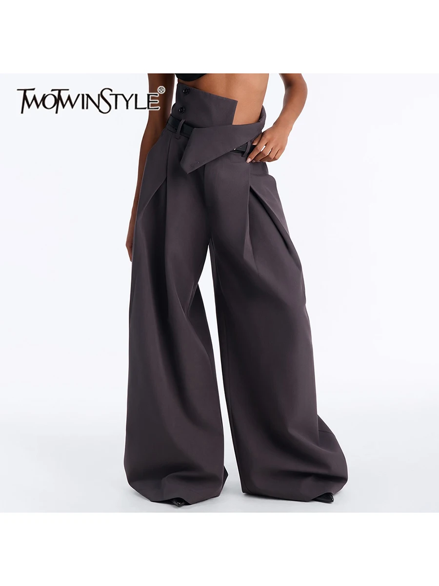TWOTWINSTYLE Belted Spliced Asymmetric Loose Casual Pants for Women High Waist Patchwork Button Solid Wide Leg Trousers Female