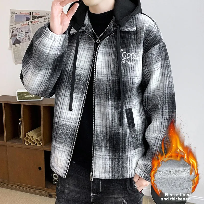 

Зимняя мужская куртка с отстегивающимся капюшоном, на флисовой подкладке, утепленная, шерстяная, в клетку, повседневная, универсальная, модная верхняя одежда для ежедневного использования