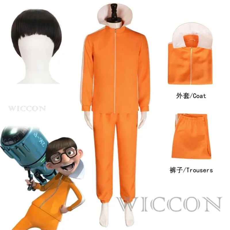 

Movie Vector Cosplay Costume Orange Jakect Pant Outfits Set Mushroom-shaped Wig Halloween Fancy Suit Party Suit