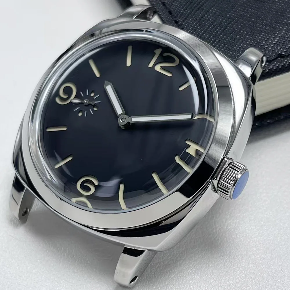 Men's Manual Winding Mechanical Watch, Black Sandwich Dial, Luminous Green, Green Numerals, ST3600 Movement, 47mm