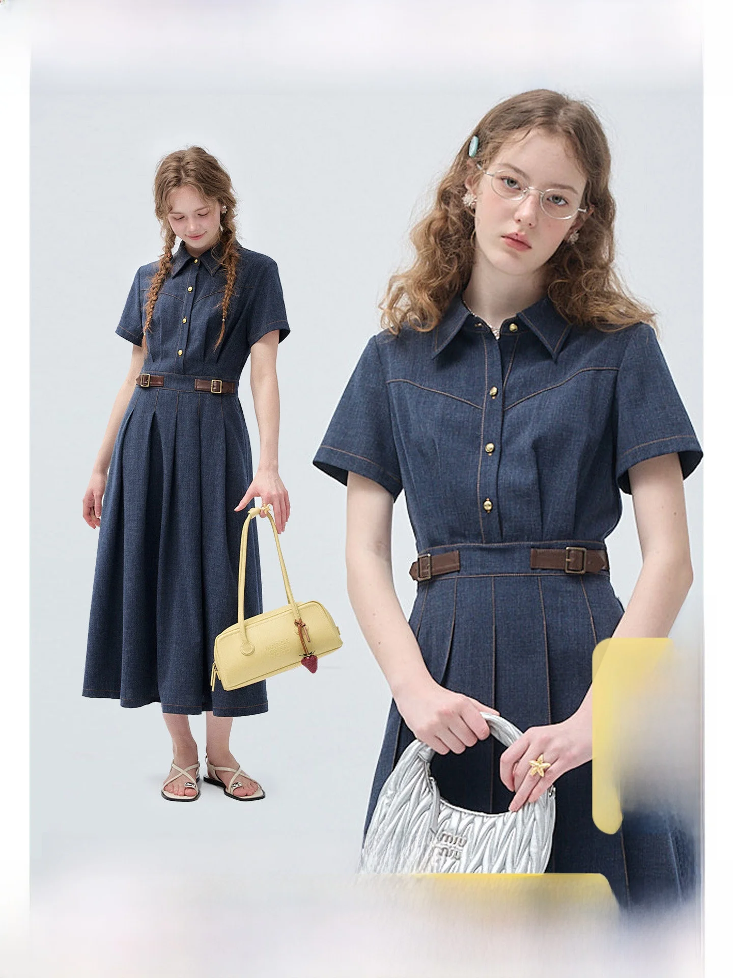 

plus Size Women's Denim Dress Gathered Waist Pleated Summer Casual Straight Leg Short Sleeve A-Line Skirt by Rui Ge