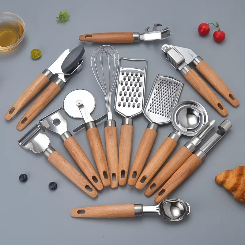 Baking Set 9 Pcs ，Wooden Handle Kitchen Small Tool ，can opener, peeler, tray holder, fruit scoop, egg beater, ginger slicer