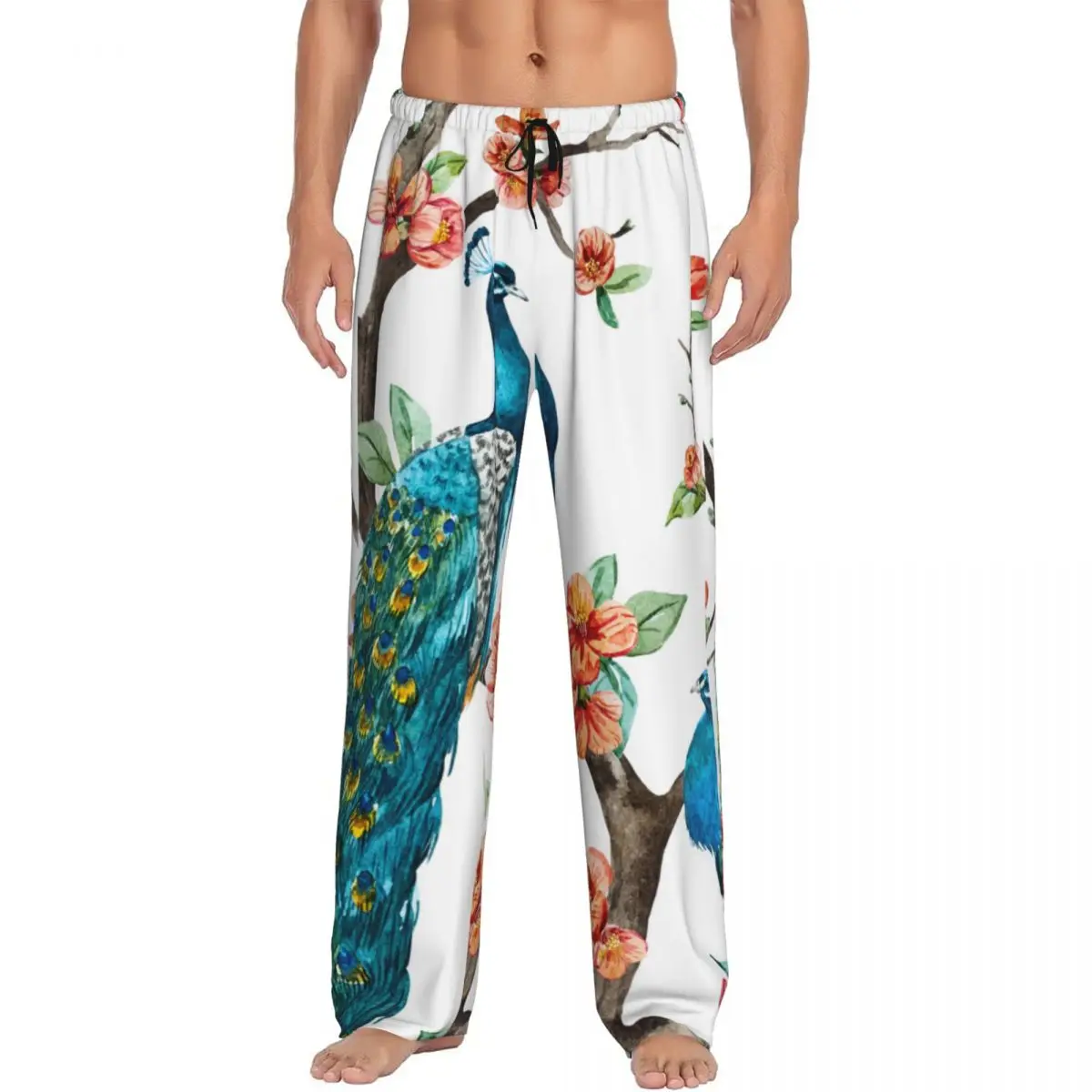 Mens Pajamas Pyjamas Pants Watercolor Peacock On Cherry Tree Lounge Pants Sleep Bottoms