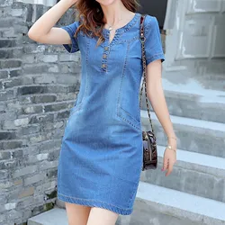 Women's Denim Dress 2024 New Summer Dress Female Fashion V-Neck Casual Medium Length Korean Slim Denim Dresses Lady Clothing