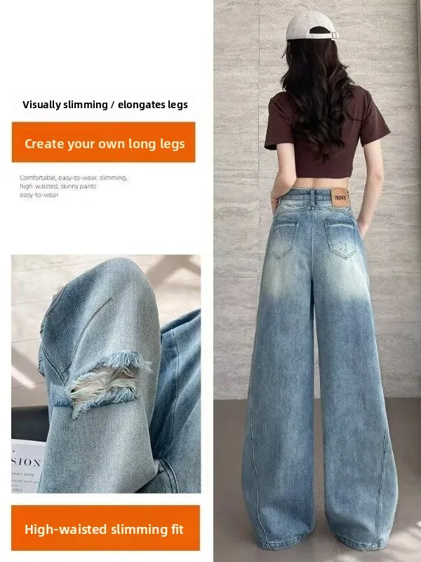 High Waist Wide Leg Denim Jeans Women's Loose Fitting plus Size Fat MM Torn Spring New Style Straight Long Pants
