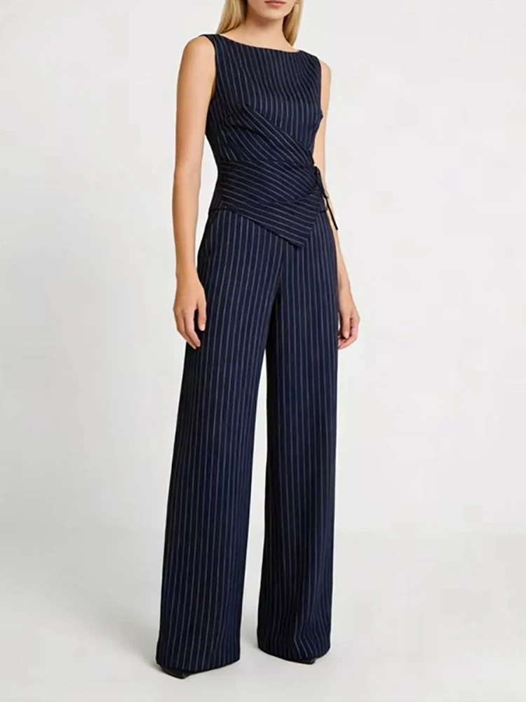 Casual O Neck Tie-up Slim Vest Top+High Waist Pants Sets Office Lady Elegant Striped Print Outfit Summer Sleeveless Women's Suit