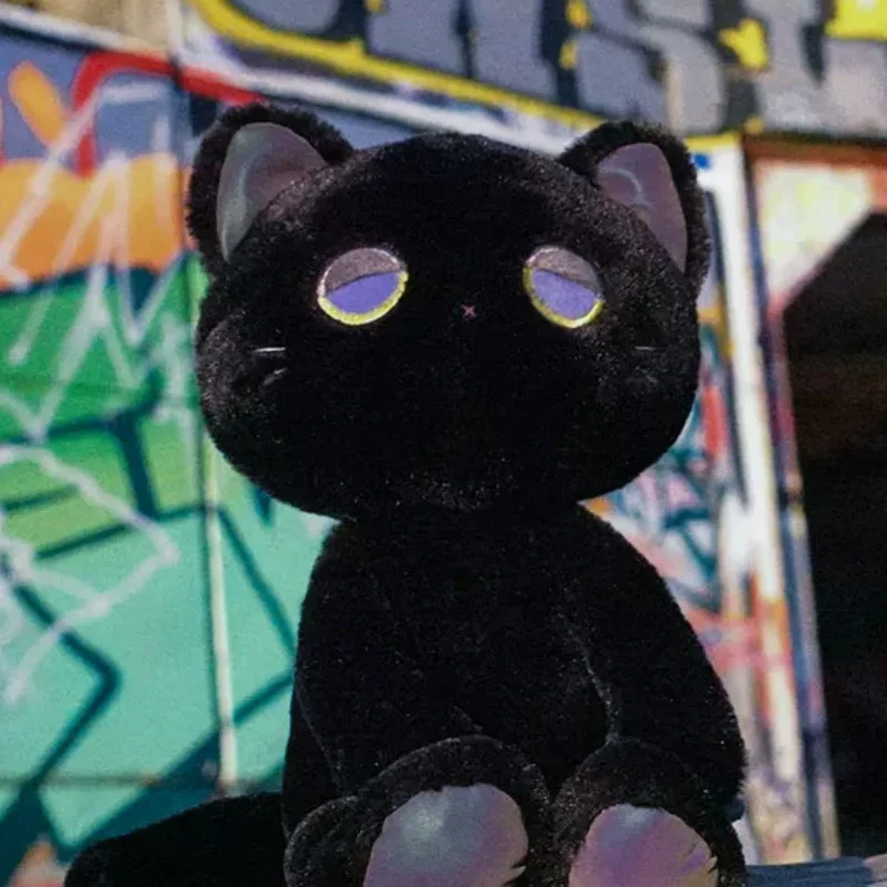 Cute Doozie Drowsy Black Cat Stuffed Plush Toy Reflective Shiny Colorful Design Fluffy Sleeping Companion Doll  Ideal Holiday