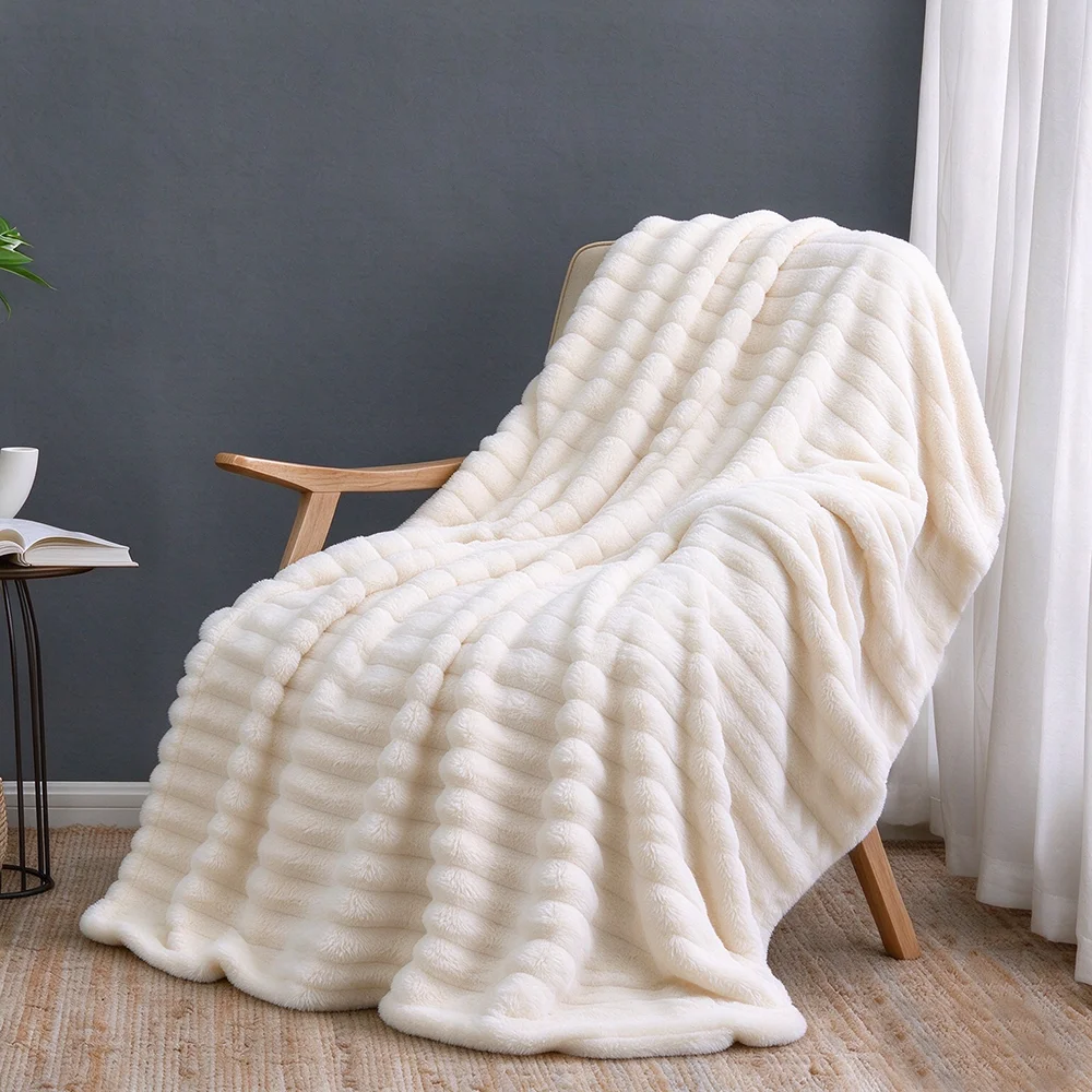 Super Soft Throw Blanket Grey Premium Silky Flannel Fleece 3D Ribbed Jacquard Lightweight Bed Blanket All Season Use Decor Gift