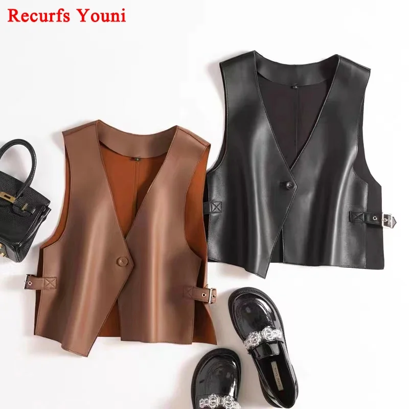 Versatile Simple Fall/Winter Leather Vest Female Short Loose V-neck Asymmetric One Button Tops Mujer Natural Sheepskin Waistcoat