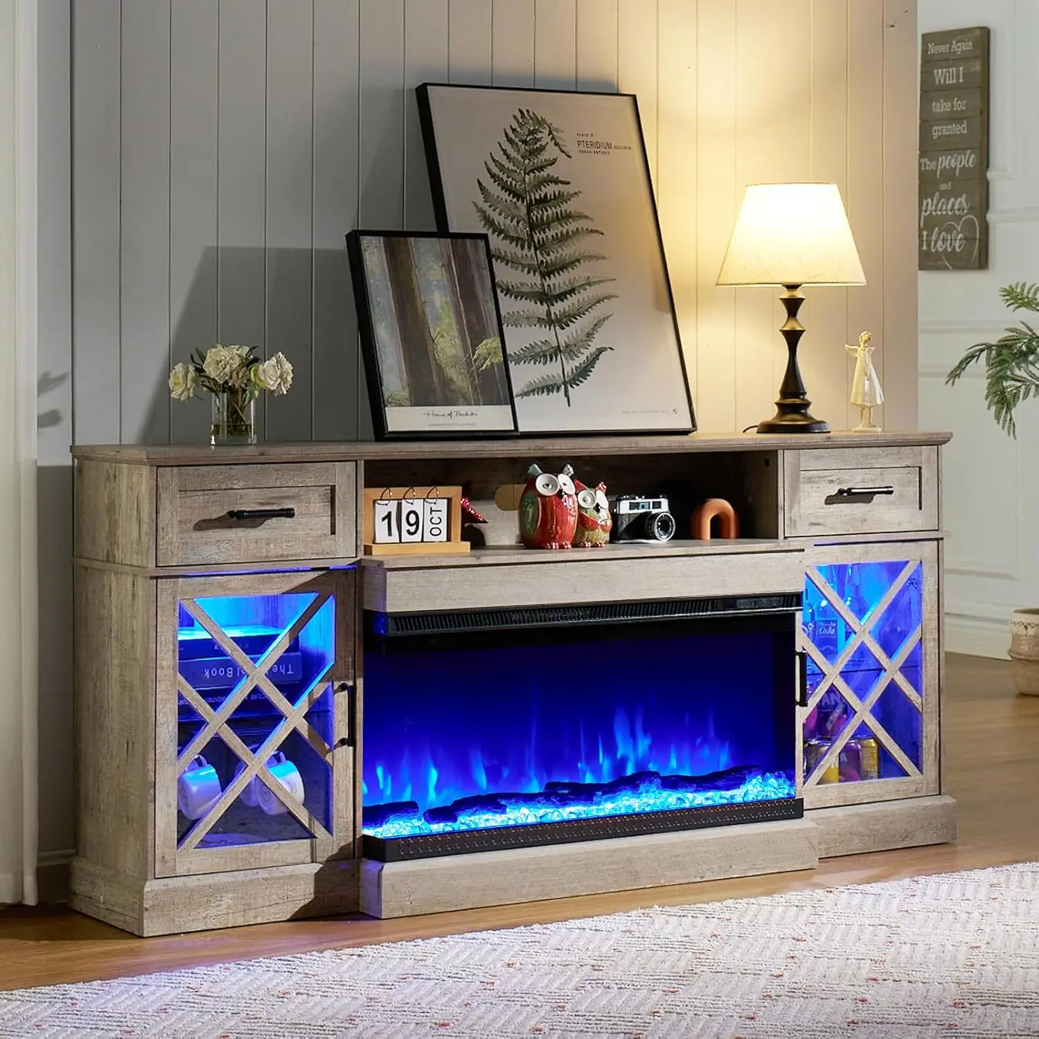 3-Sided Farmhouse Fireplace TV Stand for TVs up to 80'', 12 Color Entertainment Center Console Table