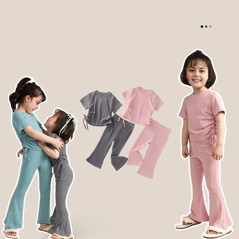 MILANCEL Summer Kids Ultra Thin Set Children Simple Solid Color T-shirt+ Flared Pants Girls Clothes Outwear