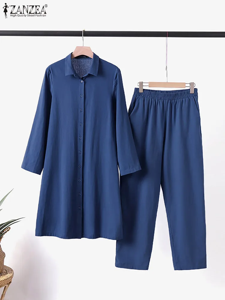 ZANZEA Spring Matching Sets Long Sleeve Lapel Blouse Solid Pant 2PCS Fashion Casual Elegant Baggy Outfits Holiday Tracksuit 2023