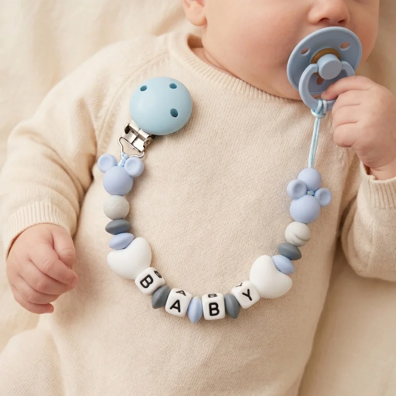 

Custom Baby Name Pacifier Holder Blue Heart Silicone Beads Handmade Dummy Clip for Boys Shower Gift Nipple Strap Teething Chain