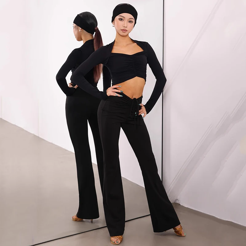 Latin Dance Clothes Women Long Sleeves Blouse Draw Rope Latin Pants Cha Cha Rumba Ballroom Dance Practice Clothing Adult BL14458