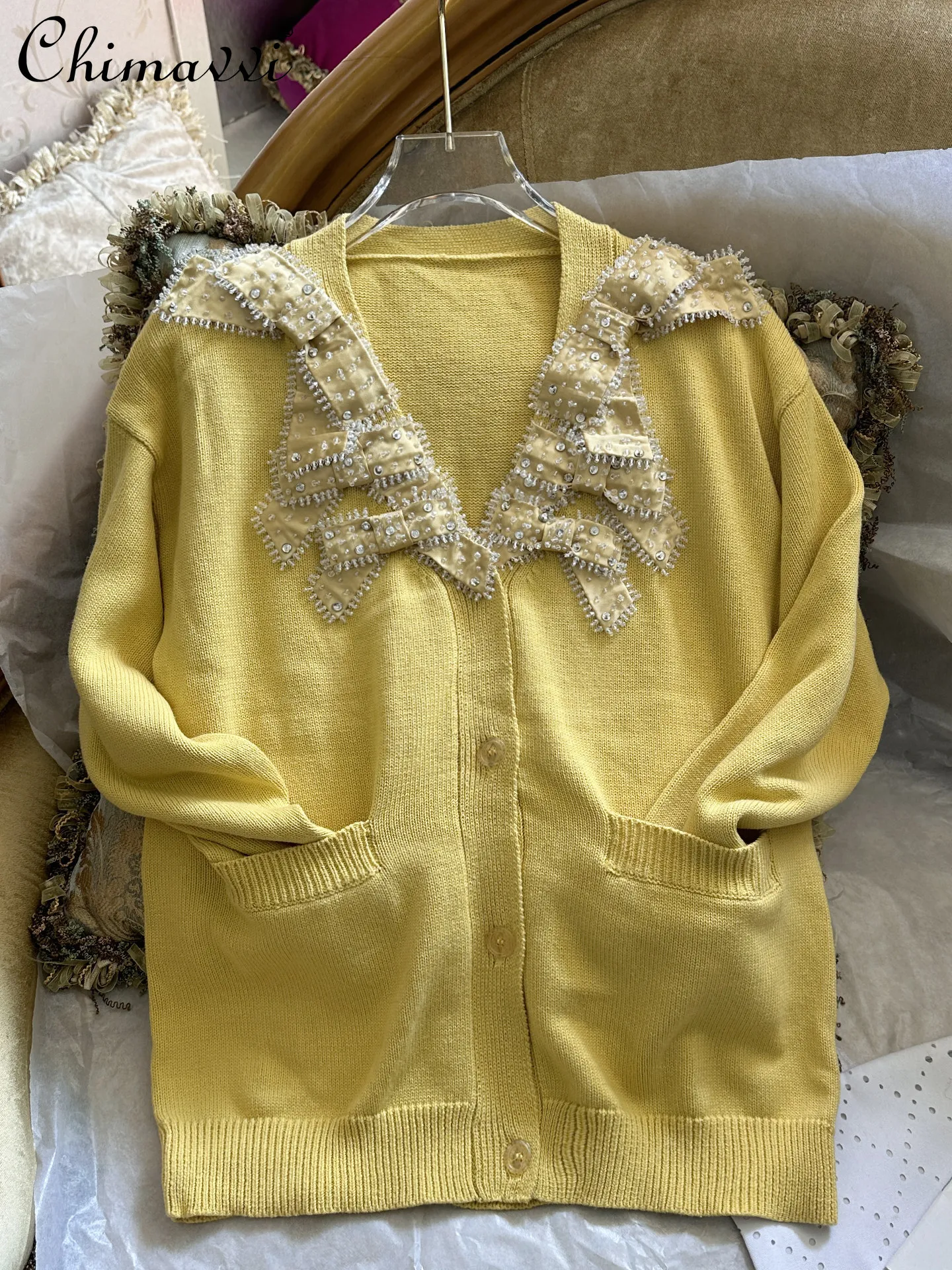 

2026 Spring and Autumn New Heavy Sweet Girl Cardigan French Fashion Long Sleeve Elegant Loose Beaded Bow Knitted Sweater Coat